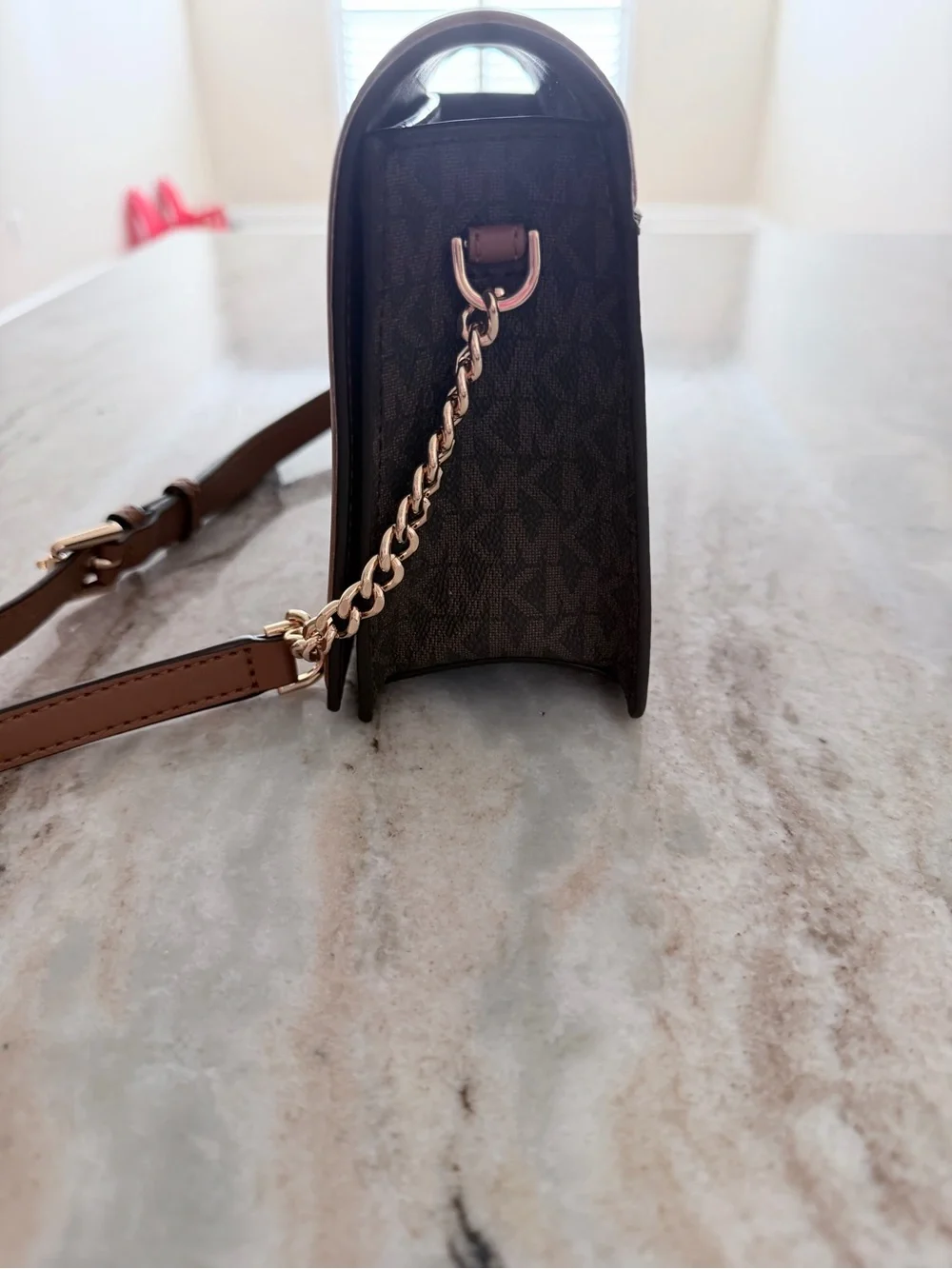 Michael Kors Brown and Tan Logo Crossbody Bag 6” H x 9” W